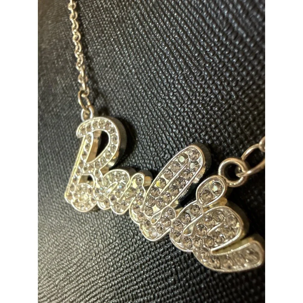 Barbie-Inspired Silver Rhinestone Pendant Necklace Script Logo  With Chain - Picture 7 of 10